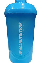 Allnutrition blue shaker bottle with logo, 600ml capacity, leak-proof and microwave-safe design.
